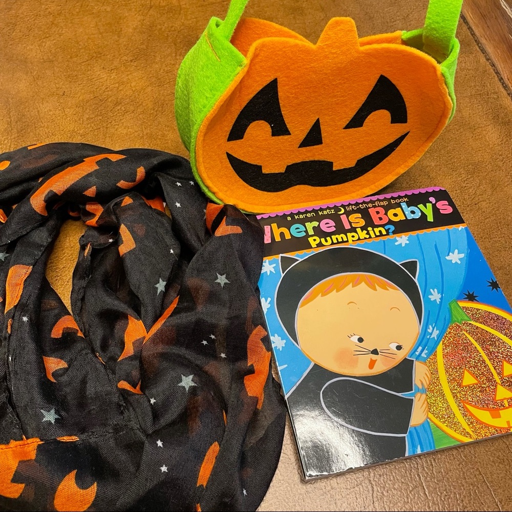 Momma Baby toddler bundle scarf, book, pumpkin bag